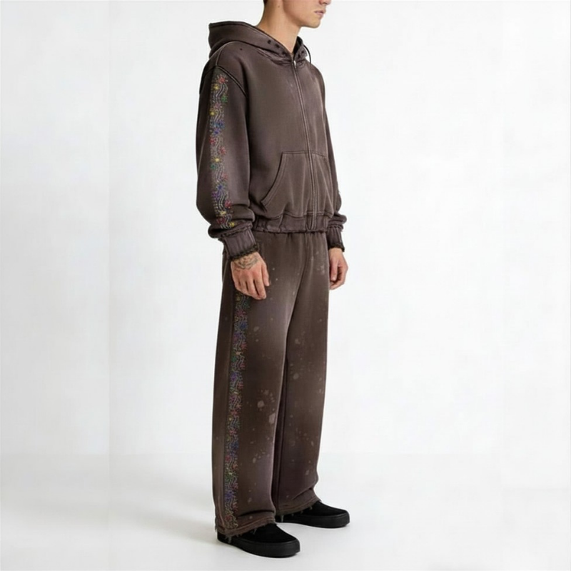 Brown Rhinestone Zip-Up Hoodie and Sweatpants Set