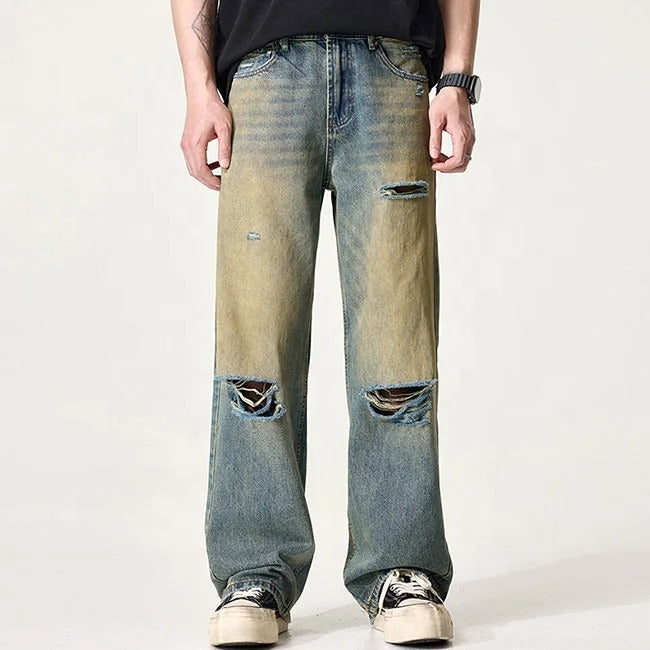 Distressed Blue Wash Wide-Leg Jeans