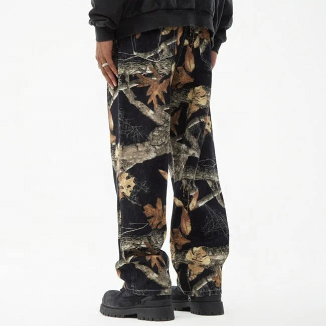 Black Woodland Print Straight-Leg Pants