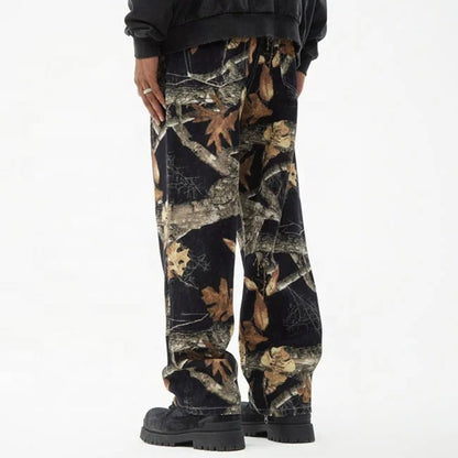 Black Woodland Print Straight-Leg Pants