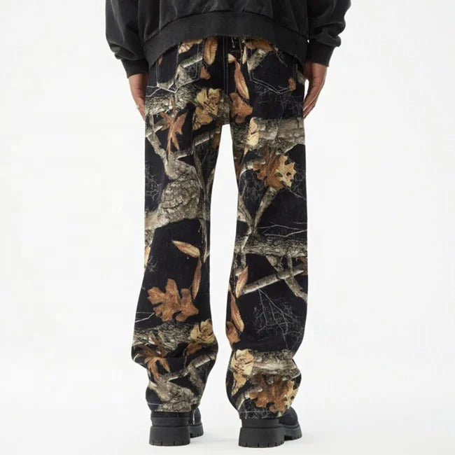 Black Woodland Print Straight-Leg Pants