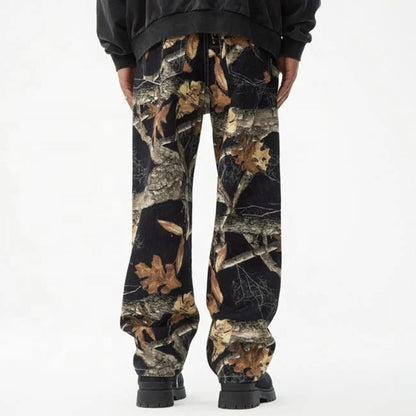 Black Woodland Print Straight-Leg Pants
