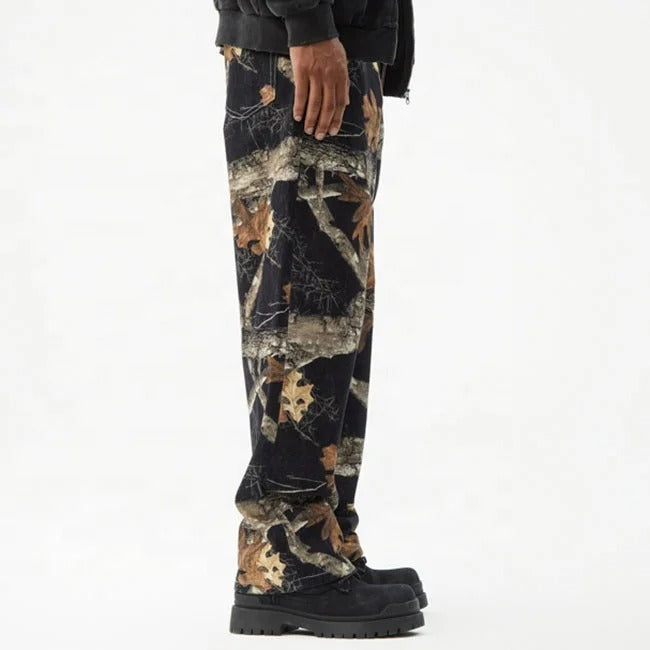 Black Woodland Print Straight-Leg Pants