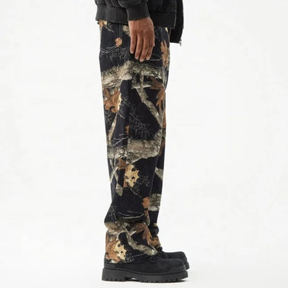 Black Woodland Print Straight-Leg Pants