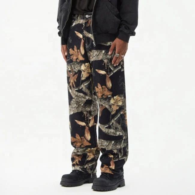 Black Woodland Print Straight-Leg Pants