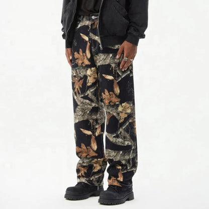 Black Woodland Print Straight-Leg Pants