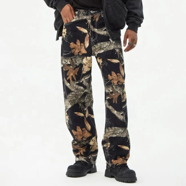 Black Woodland Print Straight-Leg Pants