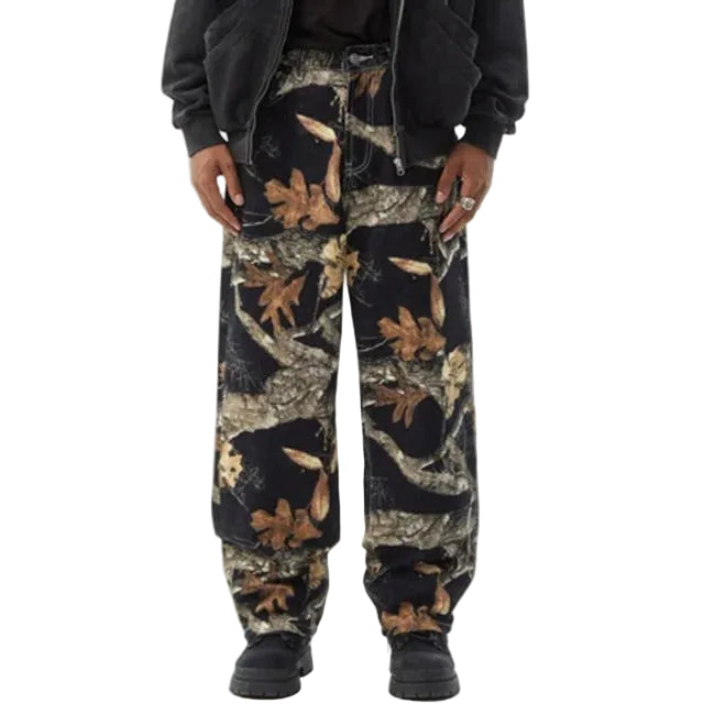 Black Woodland Print Straight-Leg Pants