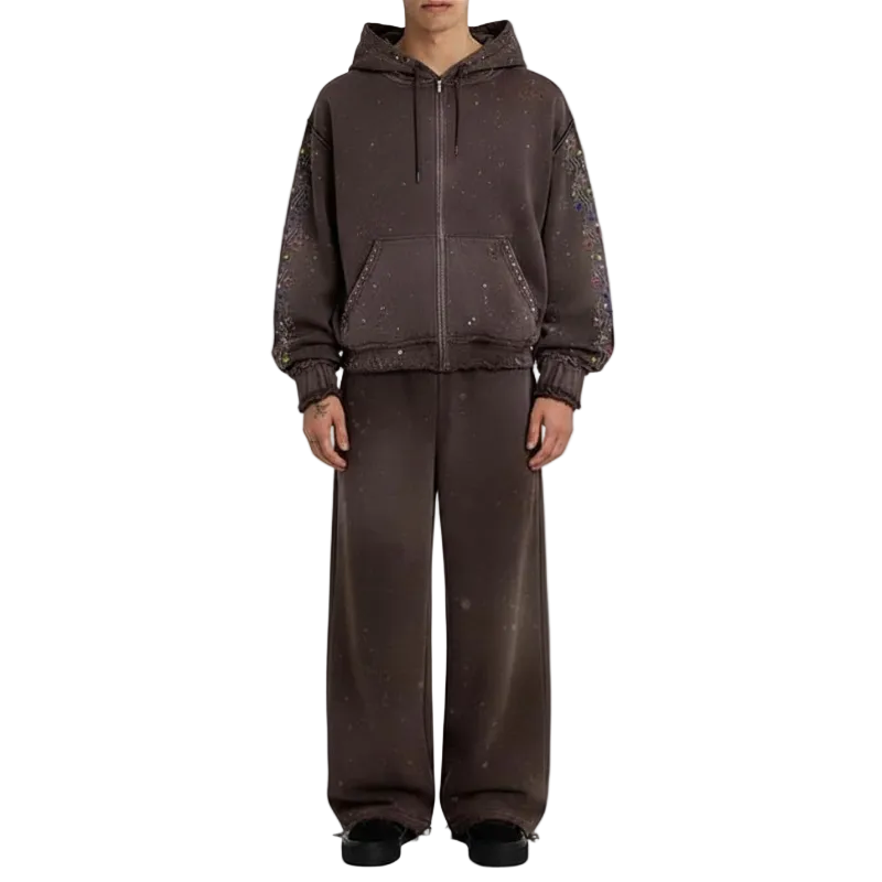 Brown Rhinestone Zip-Up Hoodie and Sweatpants Set