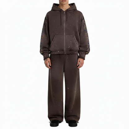 Brown Rhinestone Zip-Up Hoodie and Sweatpants Set