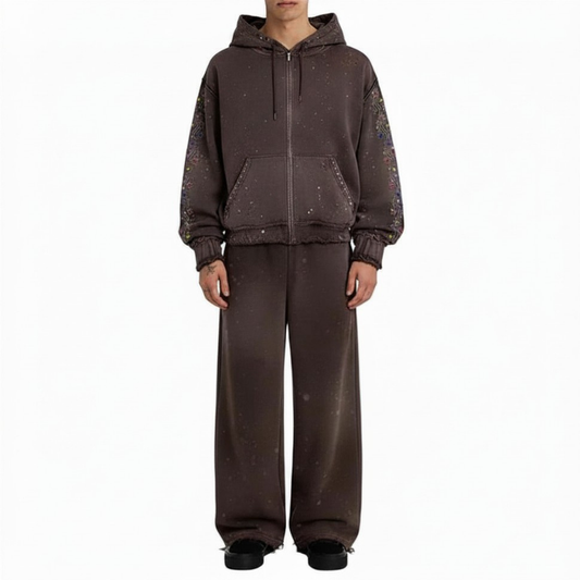 Brown Rhinestone Zip-Up Hoodie and Sweatpants Set