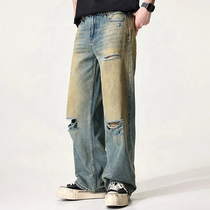 Distressed Blue Wash Wide-Leg Jeans