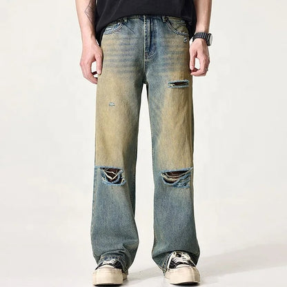 Distressed Blue Wash Wide-Leg Jeans