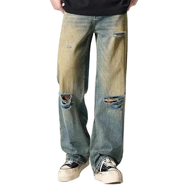 Distressed Blue Wash Wide-Leg Jeans