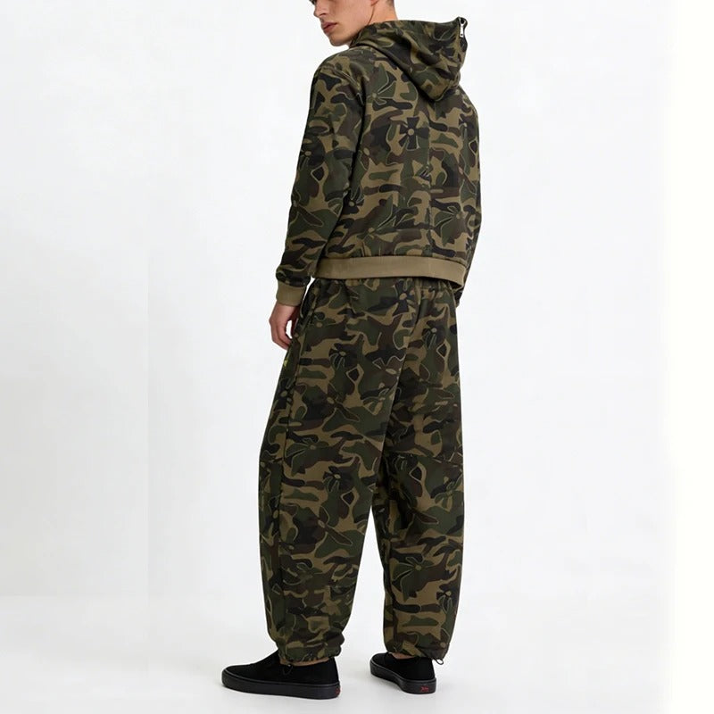 Green Camouflage Zip-Up Hoodie and Sweatpants Set