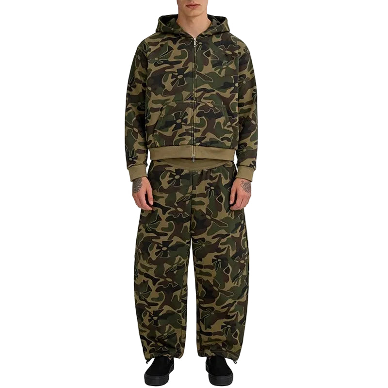 Green Camouflage Zip-Up Hoodie and Sweatpants Set