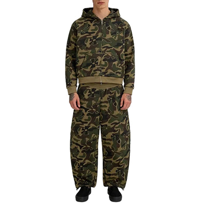 Green Camouflage Zip-Up Hoodie and Sweatpants Set