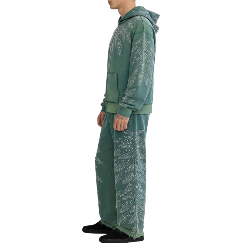 Green Rhinestone Zip-Up Hoodie and Sweatpants Set