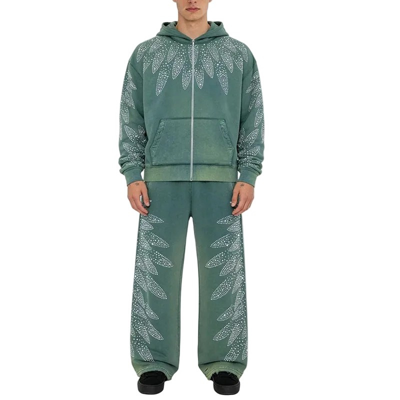 Green Rhinestone Zip-Up Hoodie and Sweatpants Set