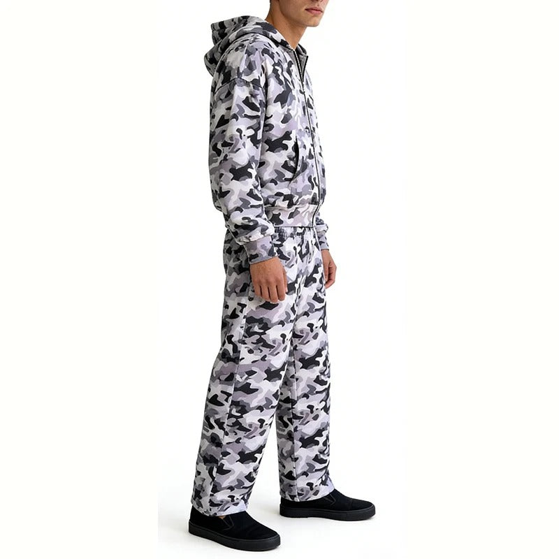 Grey Camouflage Zip-Up Hoodie and Sweatpants Set
