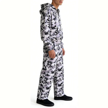 Grey Camouflage Zip-Up Hoodie and Sweatpants Set