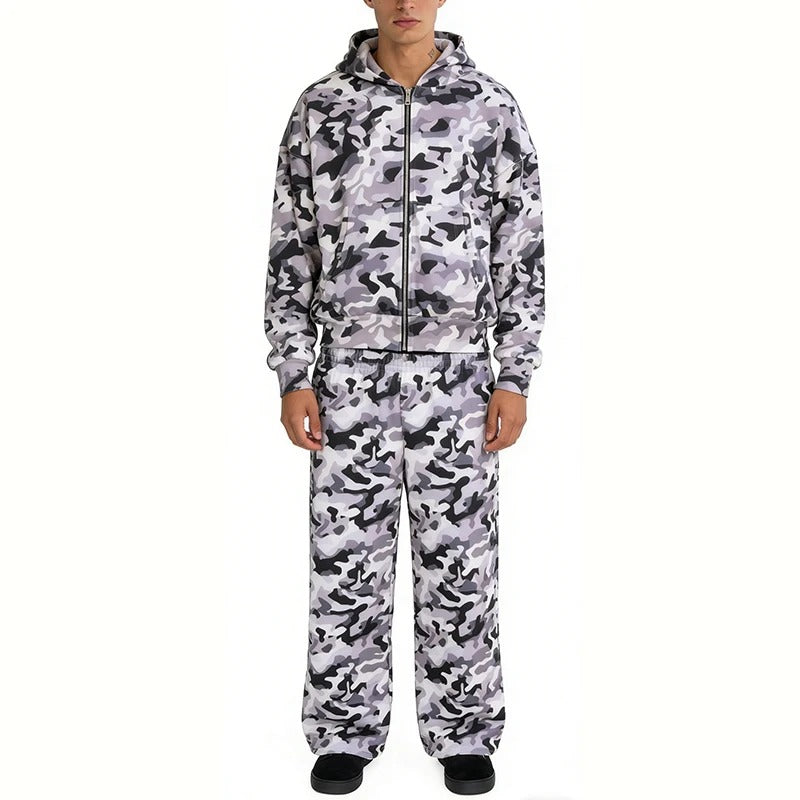 Grey Camouflage Zip-Up Hoodie and Sweatpants Set