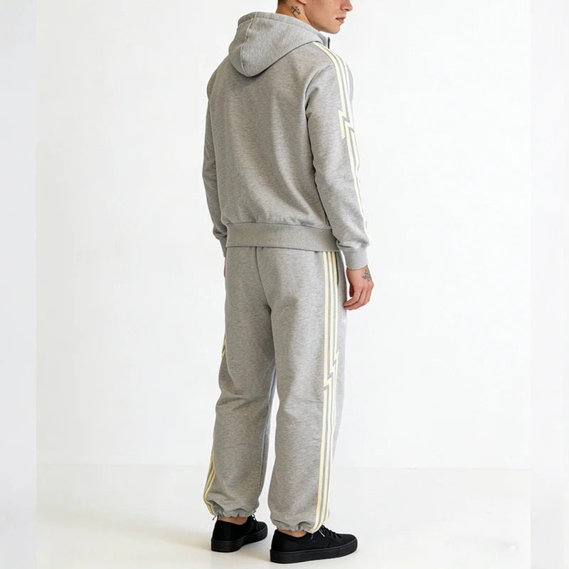 Grey Zip-Up Hoodie and Sweatpants Set with Side Stripe Detail