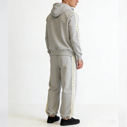 Grey Zip-Up Hoodie and Sweatpants Set with Side Stripe Detail