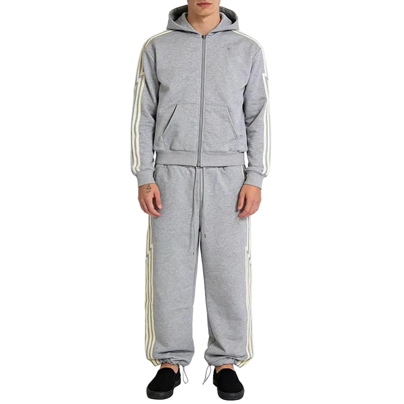 Grey Zip-Up Hoodie and Sweatpants Set with Side Stripe Detail