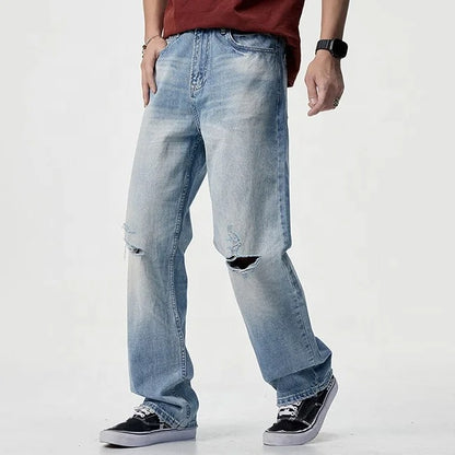Light Wash Distressed Straight-Leg Jeans