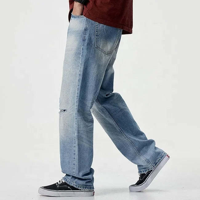 Light Wash Distressed Straight-Leg Jeans