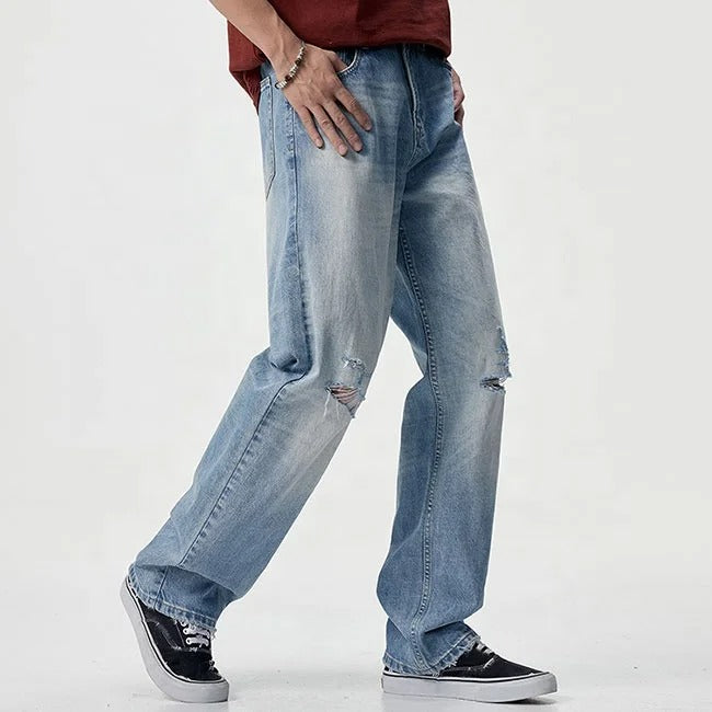Light Wash Distressed Straight-Leg Jeans