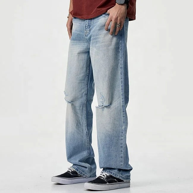 Light Wash Distressed Straight-Leg Jeans