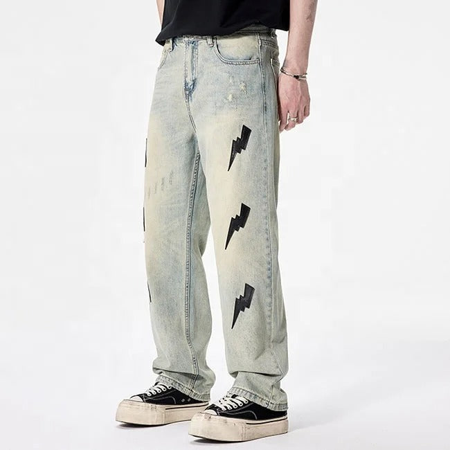 Light Wash Lightning Patch Straight-Leg Jeans