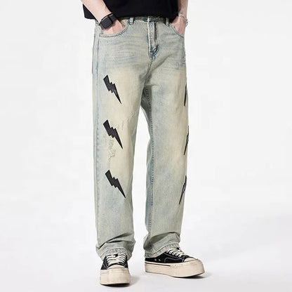 Light Wash Lightning Patch Straight-Leg Jeans