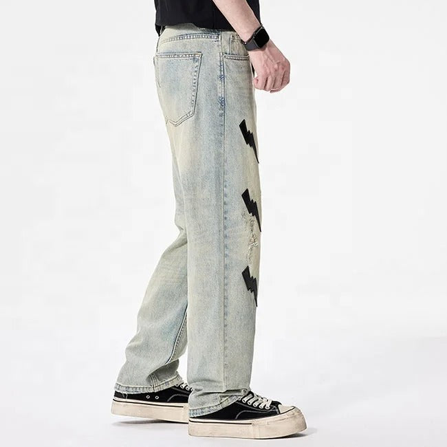Light Wash Lightning Patch Straight-Leg Jeans