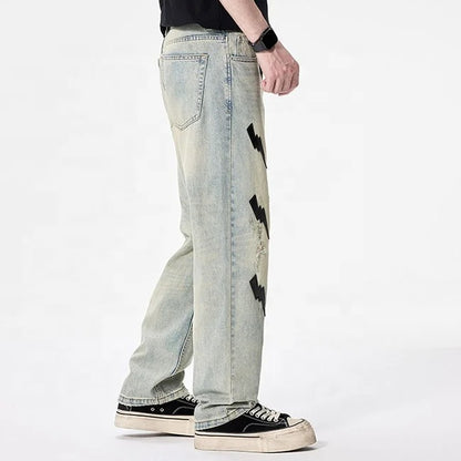 Light Wash Lightning Patch Straight-Leg Jeans