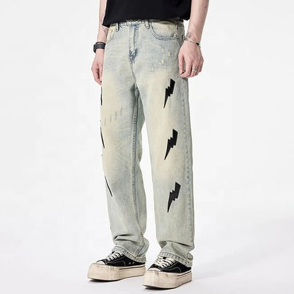 Light Wash Lightning Patch Straight-Leg Jeans