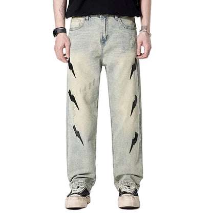 Light Wash Lightning Patch Straight-Leg Jeans
