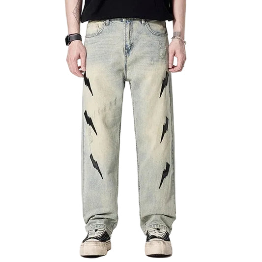 Light Wash Lightning Patch Straight-Leg Jeans