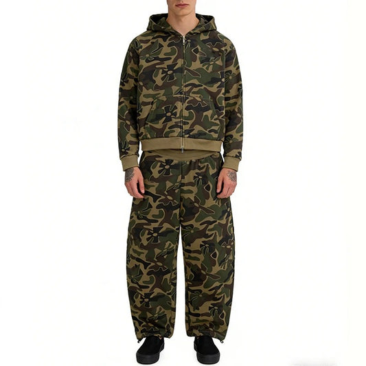 Green Camouflage Zip-Up Hoodie and Sweatpants Set