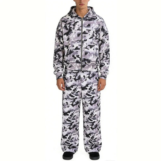 Grey Camouflage Zip-Up Hoodie and Sweatpants Set