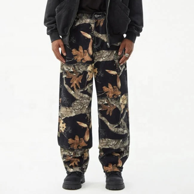 Black Woodland Print Straight-Leg Pants