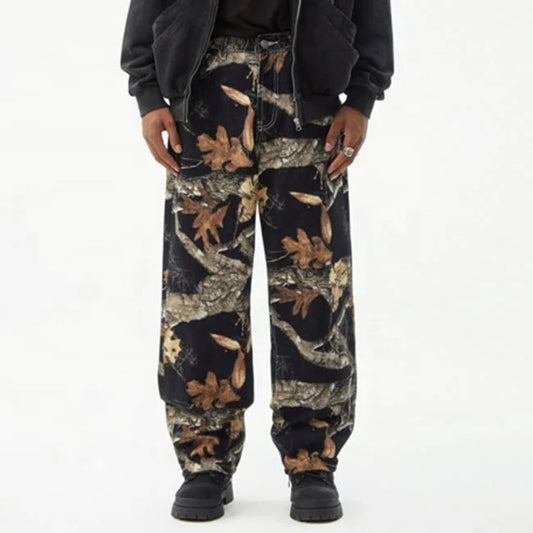 Black Woodland Print Straight-Leg Pants