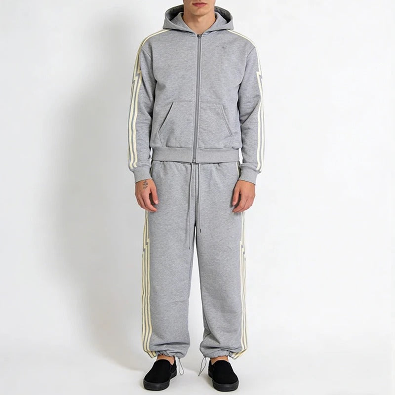 Grey Zip-Up Hoodie and Sweatpants Set with Side Stripe Detail