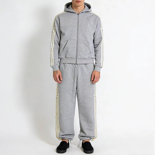Grey Zip-Up Hoodie and Sweatpants Set with Side Stripe Detail