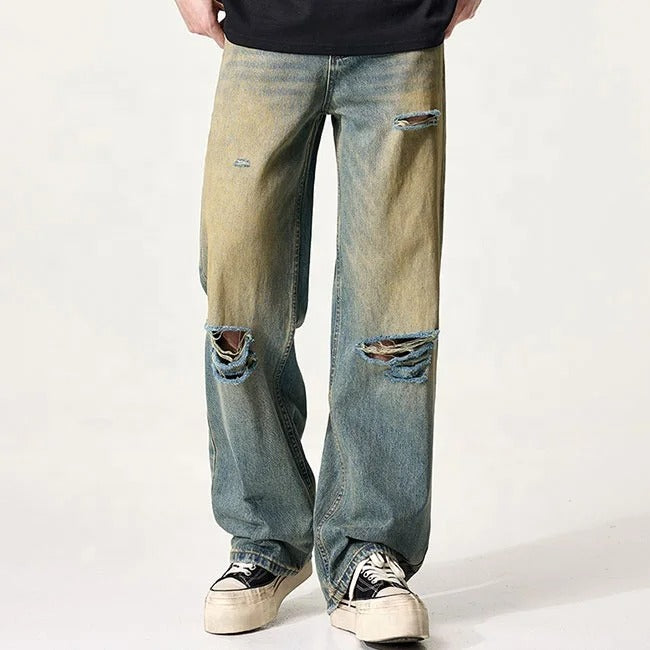 Distressed Blue Wash Wide-Leg Jeans