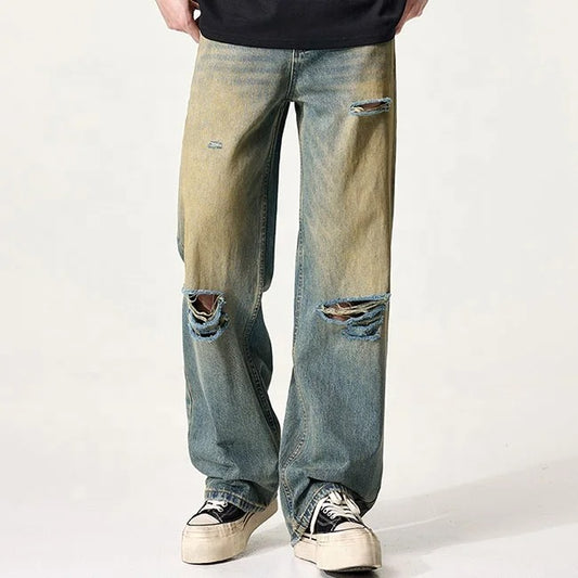 Distressed Blue Wash Wide-Leg Jeans