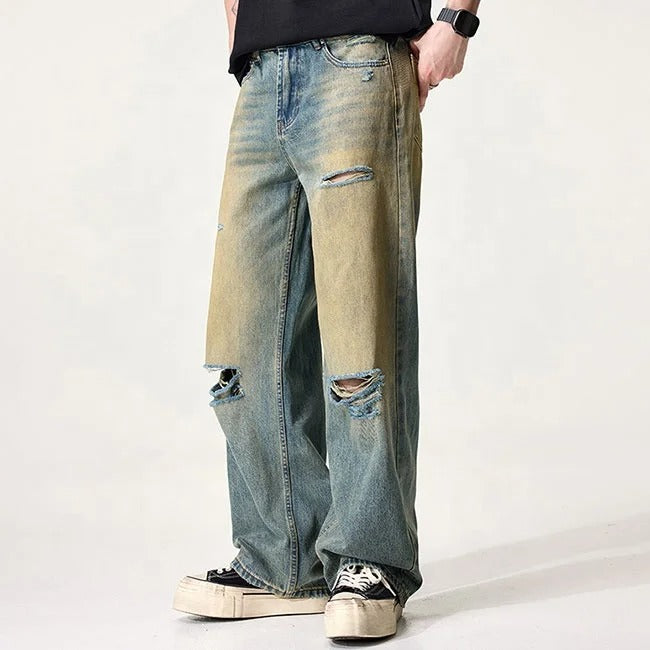 Distressed Blue Wash Wide-Leg Jeans