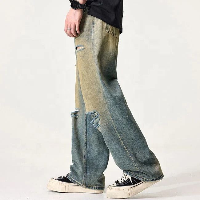 Distressed Blue Wash Wide-Leg Jeans